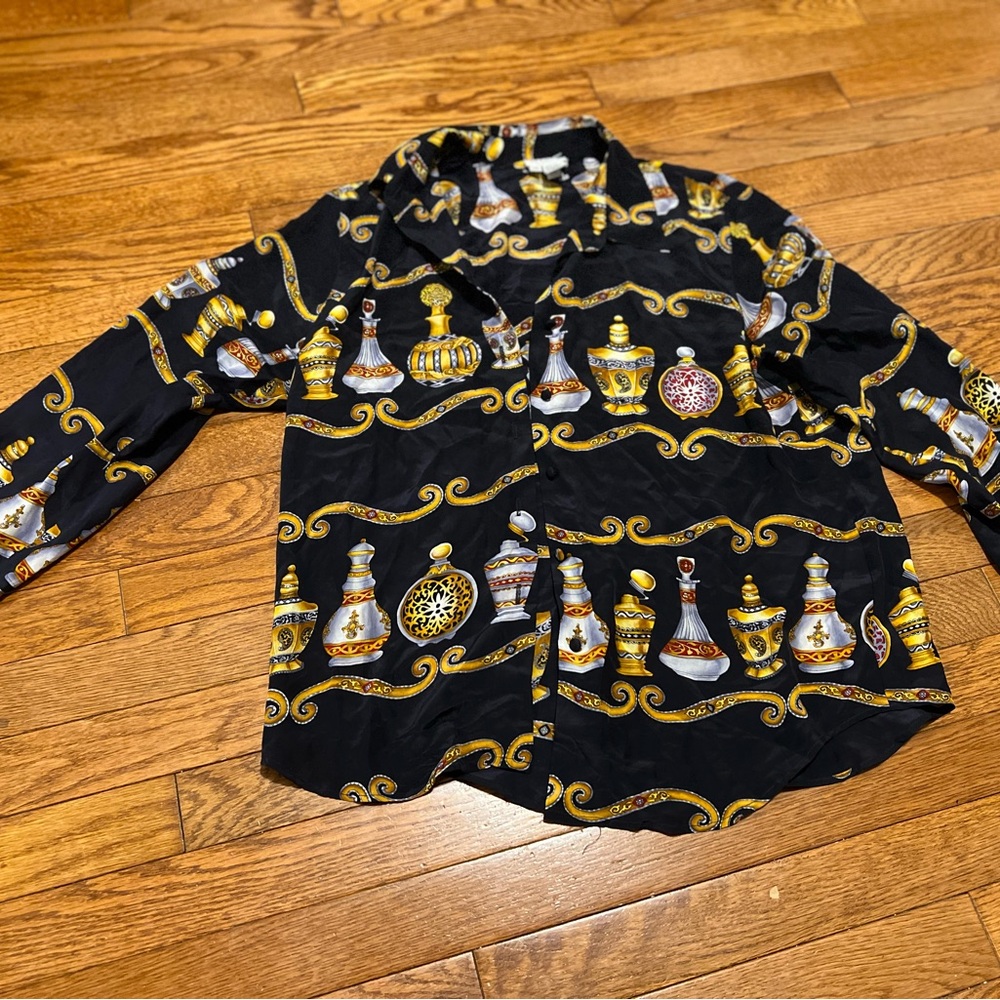 Silk 100% Allison Taylor Black and Yellow Patterned Button Down Shirt